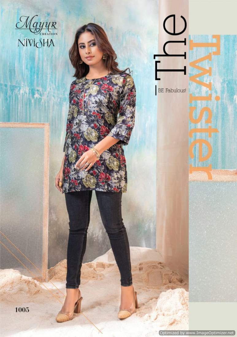 Nivisha Vol 1 By Mayur Heavy Rayon Printed Tunic Ladies Top Wholesale Market In Surat
